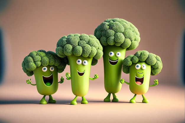 tres cabezas de brócoli sostienen un montón de brócoli.