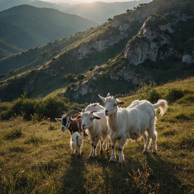 tres cabras están de pie en un campo con una montaña en el fondo