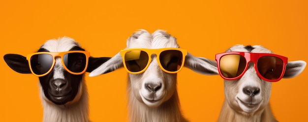 Tres cabras con gafas de sol Una declaración de moda peculiar en una vibrante IA generativa amarilla