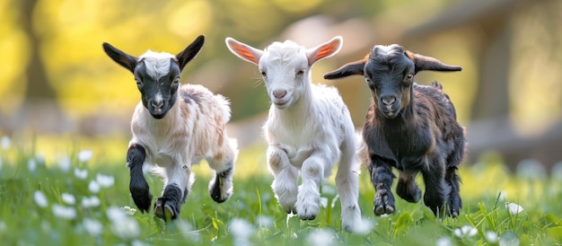 Tres cabras pequeñas corriendo por la hierba