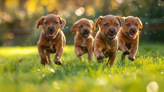 Três cachorrinhos correndo pela grama