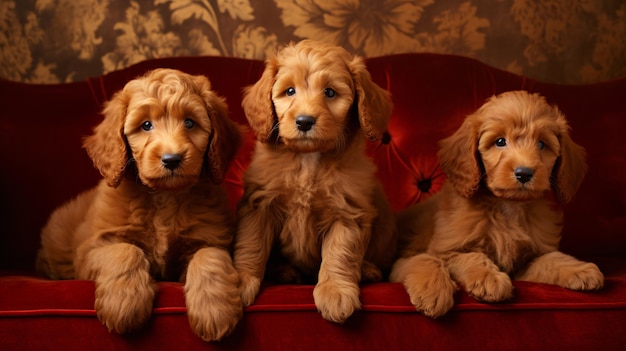 Três cachorrinhos dourados sentados em sombras