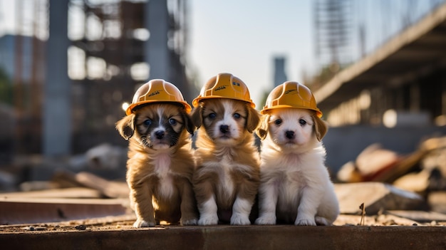 três cachorrinhos estão sentados em uma saliência usando chapéus de construção IA generativa