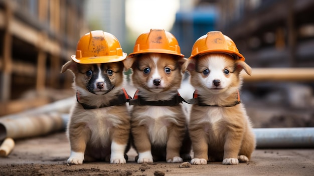 três cachorrinhos usando capacetes sentados em um canteiro de obras IA generativa