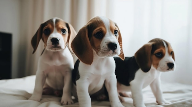 Tres cachorros beagle sentados en una cama