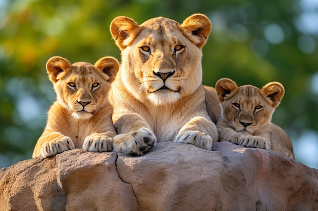 Foto tres cachorros están acostados en una roca uno de los cuales es un cachorro de león