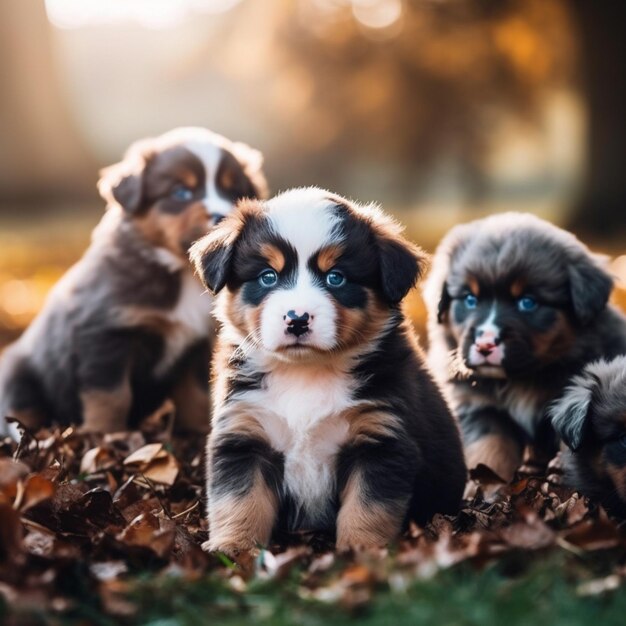 Tres cachorros están sentados en las hojas bajo el sol ai generativo