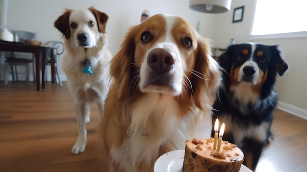 Três cachorros ficam em volta de um bolo de aniversário