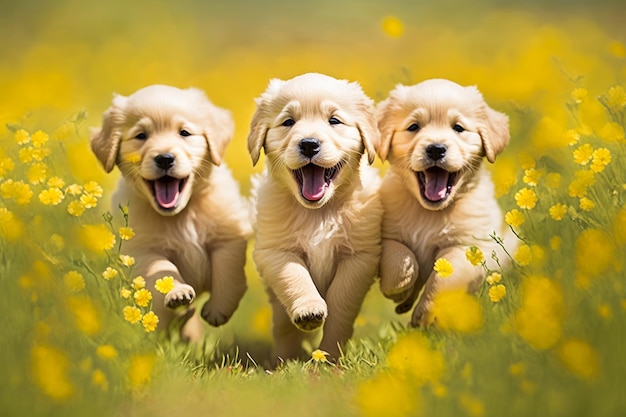 Tres cachorros golden retriever corriendo por un campo de flores amarillas IA generativa