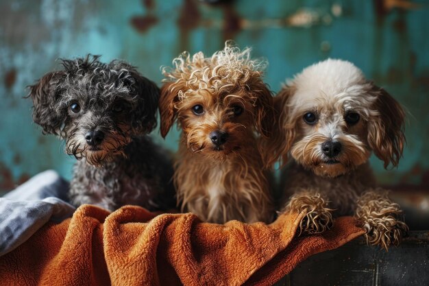 A tres cachorros para lavar en la bañera