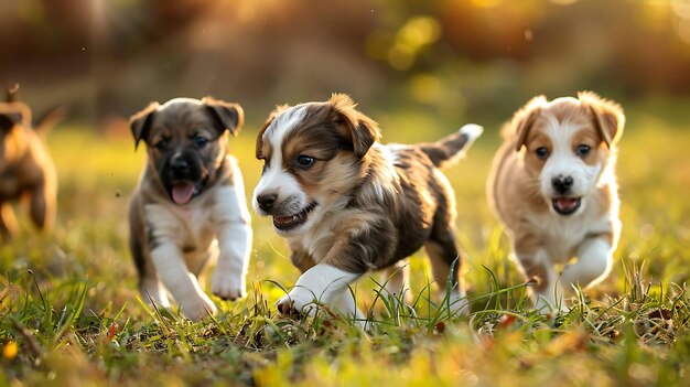 Tres cachorros lindos están corriendo por la hierba verde en el parque en un día soleado se están persiguiendo el uno al otro y divirtiéndose mucho