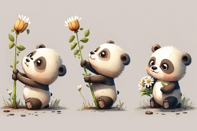 Tres cachorros de oso panda están sentados en el suelo con flores generativas ai