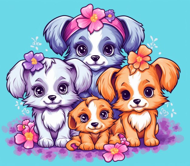 Foto tres cachorros pequeños están sentados juntos con flores en un fondo azul generativo ai