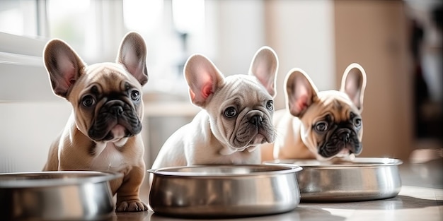 Foto tres cachorros sentados frente a sus cuencos de comida en primer plano