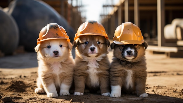 três cachorros usando capacetes sentados em um chão de terra gerando IA