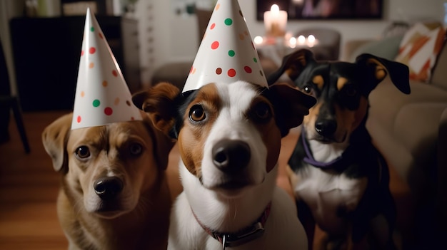 Três cachorros usando chapéus estão sentados em uma sala com velas