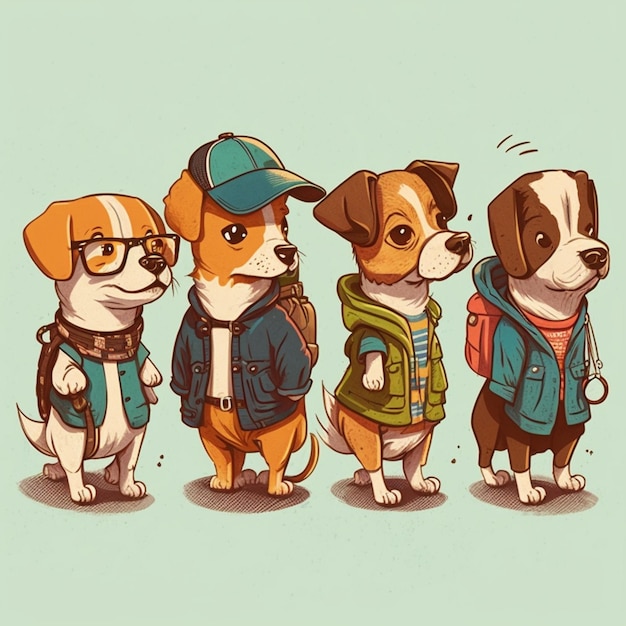 três cachorros vestindo jaquetas e chapéus, um ao lado do outro, IA generativa