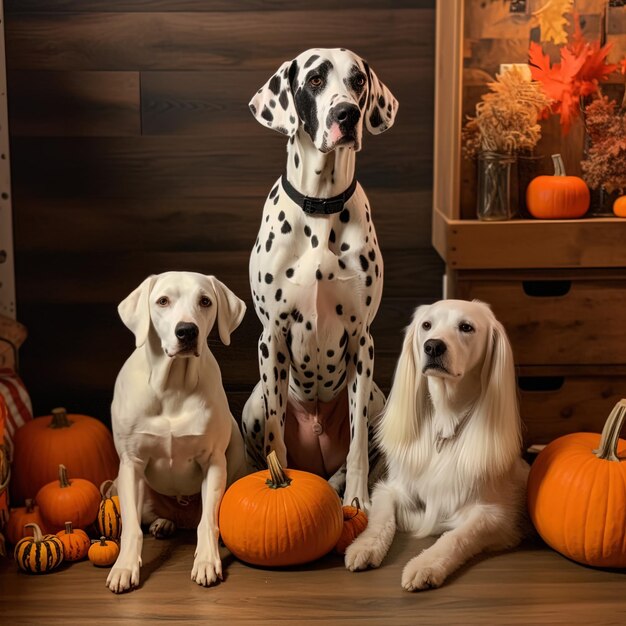 Três cães bonitos posam na foto durante o halloween halloween feliz halloween assustador