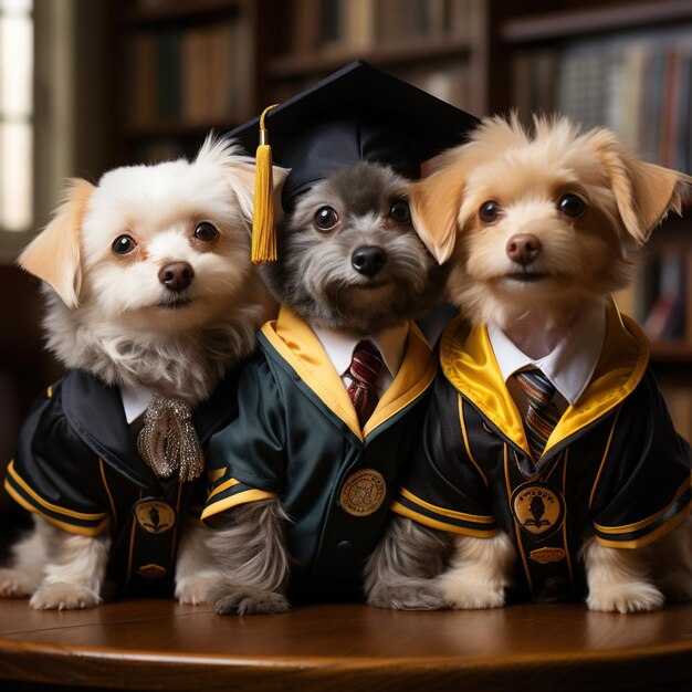 Foto três cães com bonés e vestidos de formatura