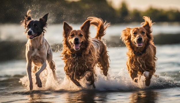 Foto três cães correndo em um lago com água salpicando ao redor deles