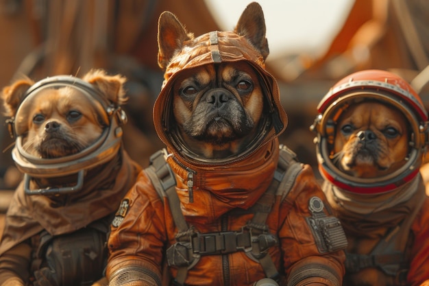 Três cães em trajes espaciais e capacetes