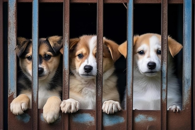 Foto três cães em uma gaiola com um atrás das barras que tem o número 3 nele