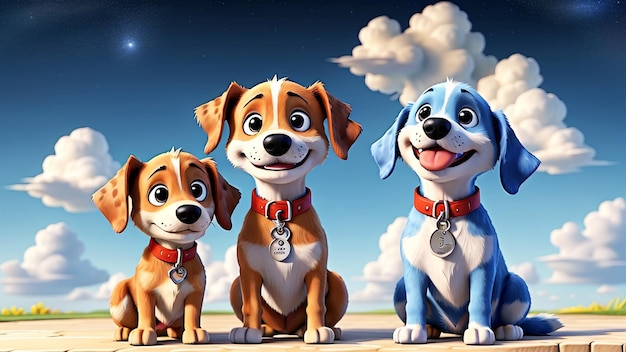 Três cães estão de pé em frente a um céu azul com o sol no fundo.