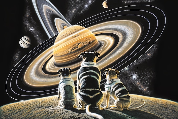 Três cães estão sentados em uma lua com um planeta ao fundo