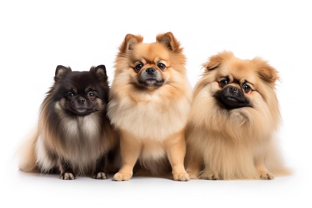 Três cães estão sentados juntos o fundo é branco