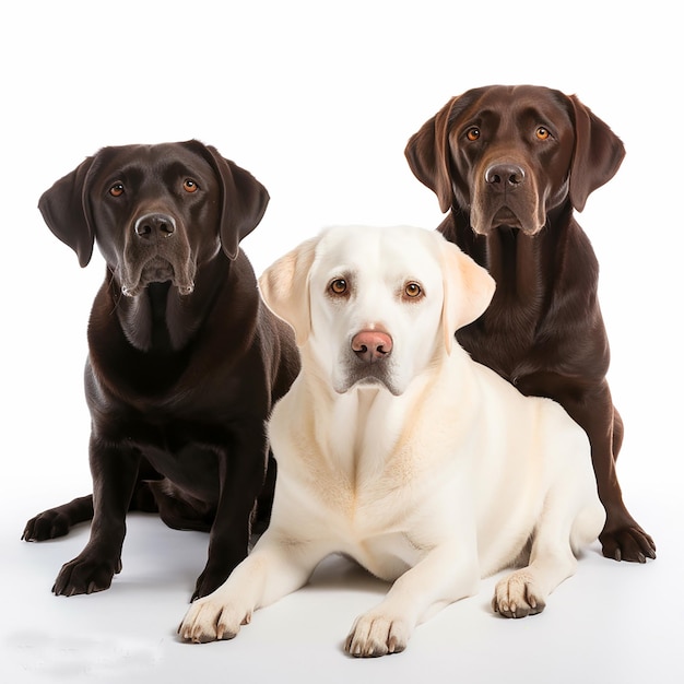 Foto três cães labradores estão sentados um ao lado do outro. parecem calmos e satisfeitos.