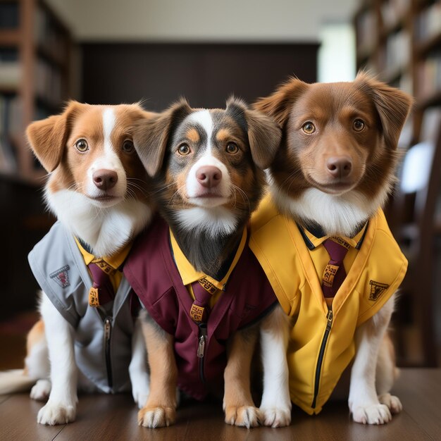 Foto três cães pastores australianos vestindo uniforme escolar