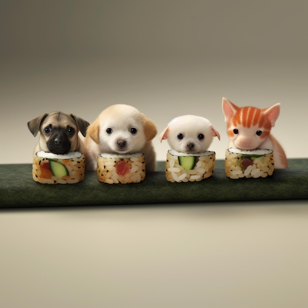 Três cães pequenos e um gato estão sentados em rolos de sushi generativo ai