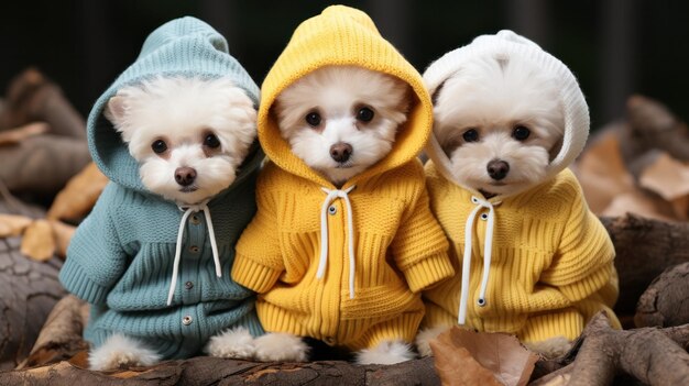 Foto três cães pequenos vestindo capuzes parecendo adoráveis e elegantes em suas roupas aconchegantes