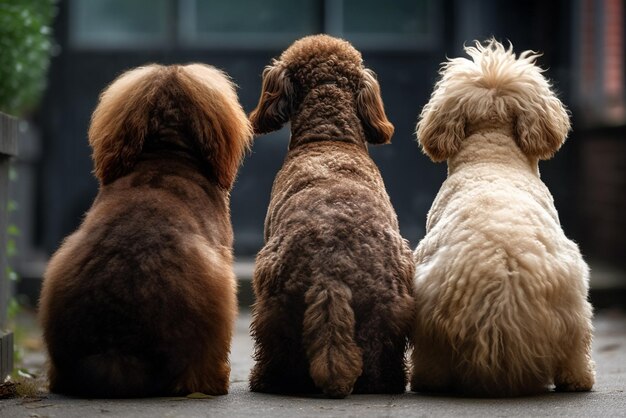Três cães sentados um ao lado do outro, um dos quais é um cão.