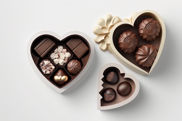 Três caixas brancas de chocolates em forma de coração com chocolates variados em um fundo branco