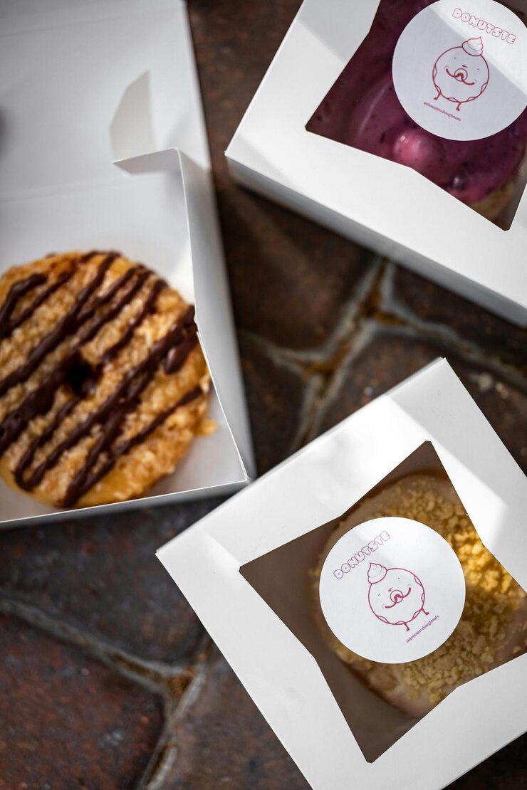 Foto três caixas de donuts com diferentes sabores