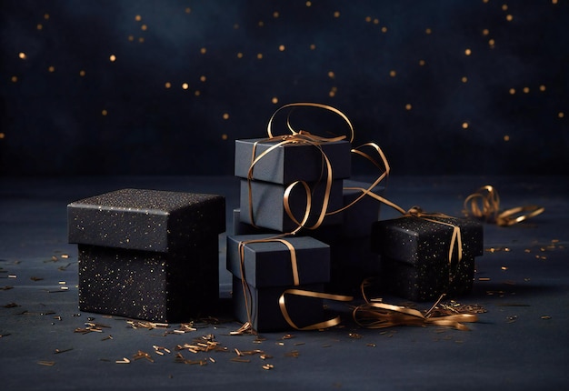 Três caixas de presente pretas com confetes dourados emaranhados e jogados em uma superfície escura
