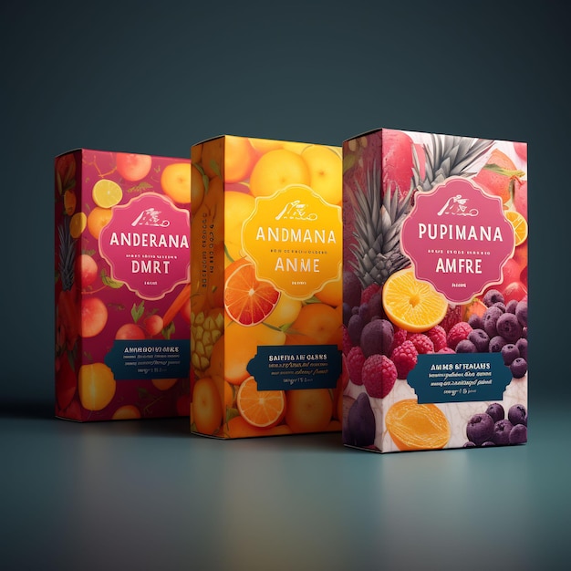 tres cajas de fruta que dicen "granada kiwi".