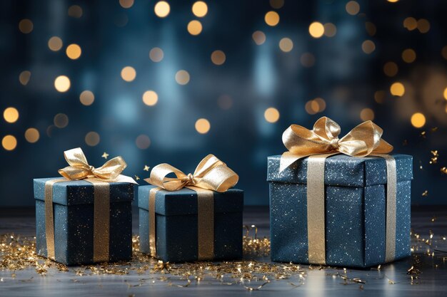 Tres cajas de regalos azules de Navidad con arcos de oro y con