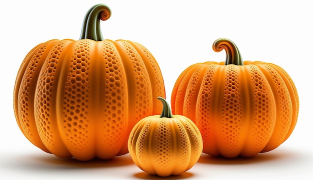 Tres calabazas con una calabaza pequeña en el frente Calabazas naranjas de Halloween sobre un fondo blanco