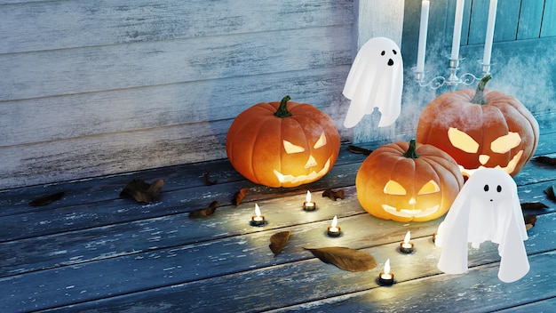 Tres calabazas de halloween y dos fantasmas renderizado 3d