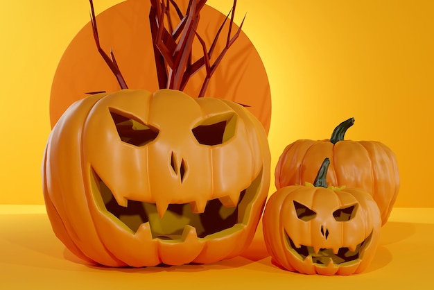 Tres calabazas de halloween en una ilustración 3d de fondo amarillo