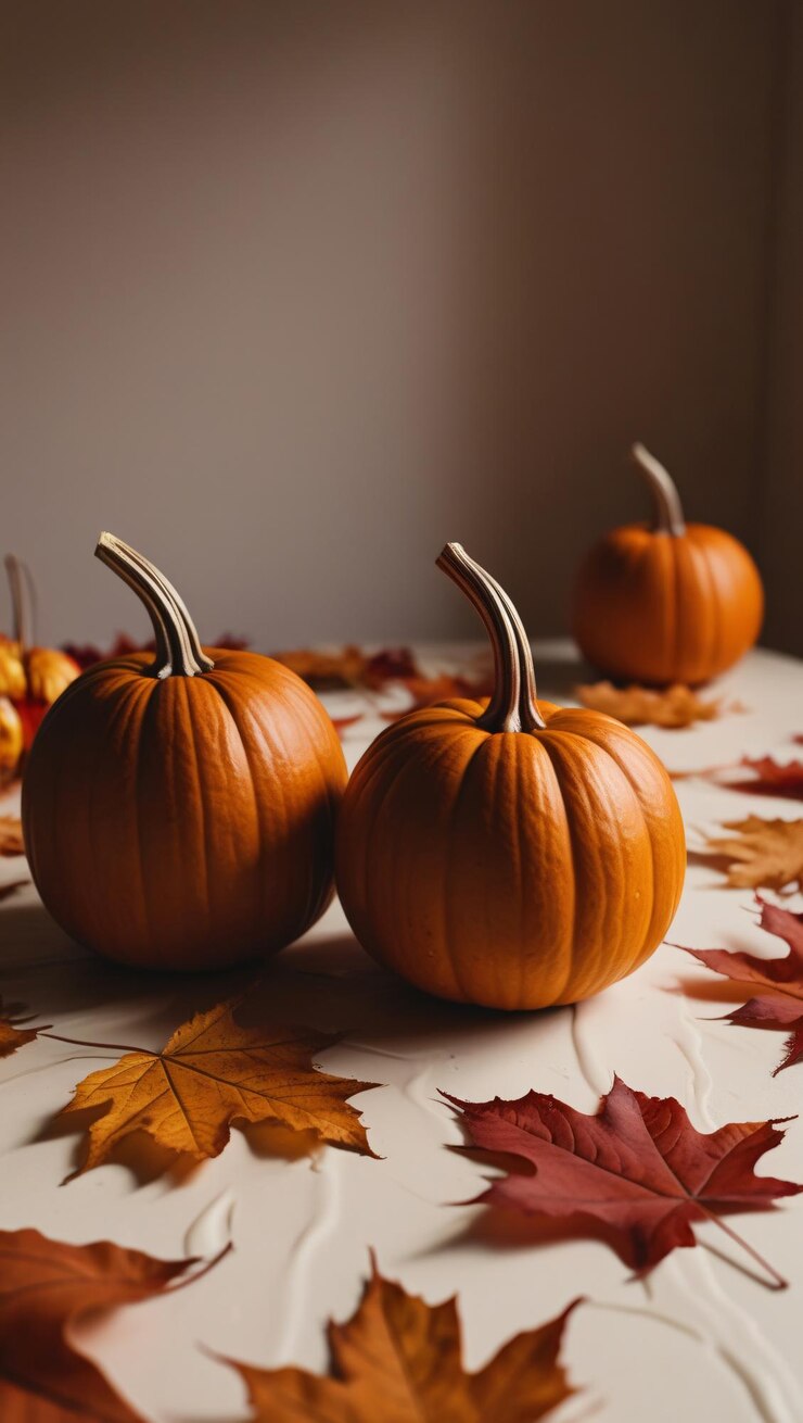 tres calabazas sentadas en una mesa con hojas de otoño en ellas