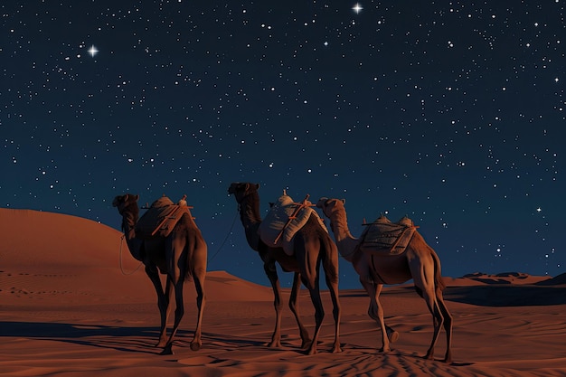 tres camellos caminando en el desierto por la noche con el cielo estrellado