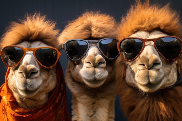Três camelos de rosto usando óculos de sol Camelo usando Óculos de sol contra o céu azul com nuvens renderização 3D Ai gerado