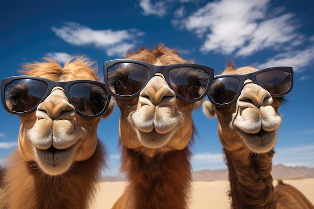 Três camelos de rosto usando óculos de sol Camelo usando Óculos de sol contra o céu azul com nuvens renderização 3D Ai gerado