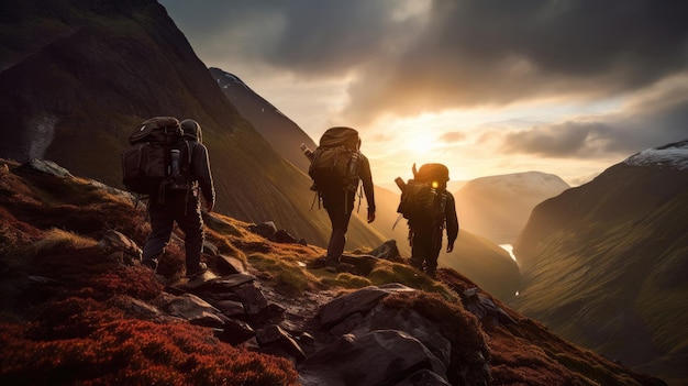 Foto três caminhantes conquistando o pico de uma montanha durante um pôr do sol de tirar o fôlego