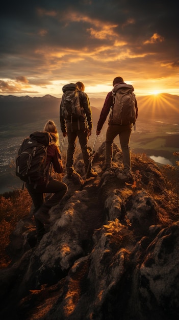 Foto três caminhantes no topo de uma montanha ao pôr-do-sol