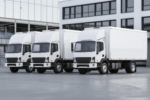 Foto tres camiones de entrega de cajas blancas estacionados frente a un edificio industrial