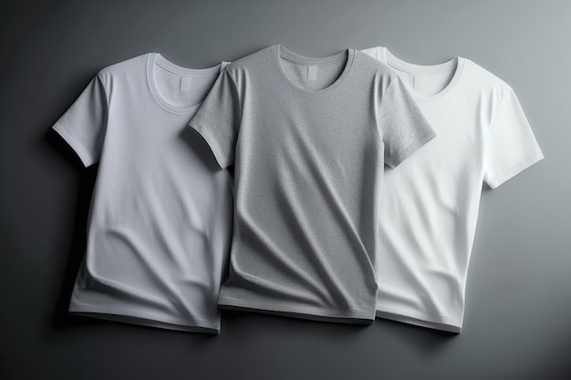 Três camisas brancas estão dispostas sobre uma superfície cinza.
